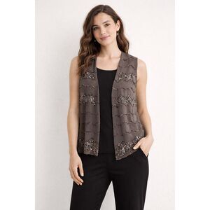 Chico’s Brown Sequin Open Front Vest Size 0 Small NWT